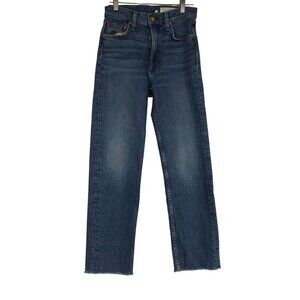 RAG & BONE -WOMEN'S 24 - BLUE DENIM HARLOW MID-RISE STRAIGHT FRAYED JEANS